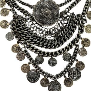 Statement Necklace Multi Chains Medallion Bali Boho Large Silver Dangle.